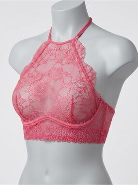 Victoria’s Secret Sheer Lace Halter Bralette Hot Pink 34B Y2K Lingerie Aesthetic